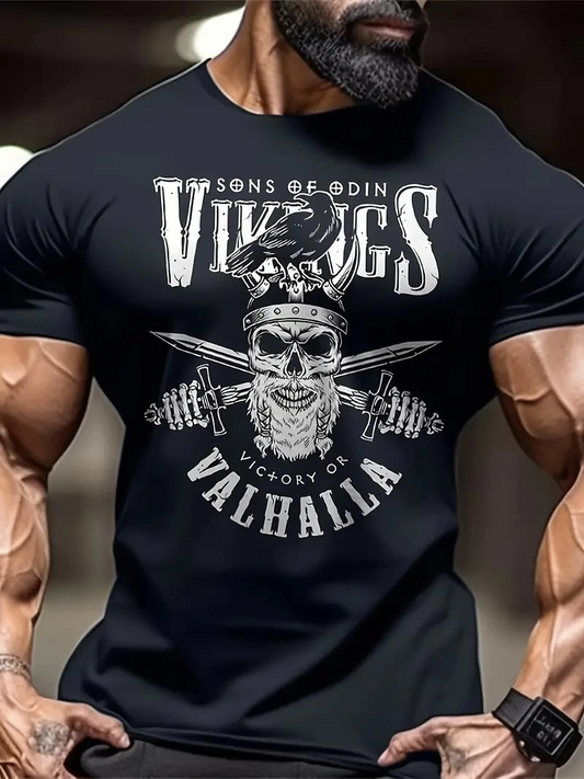 ASSEMA Erkek Bisiklet yaka ön ve arka Vikings Valhalla  T-shirt - Siyah