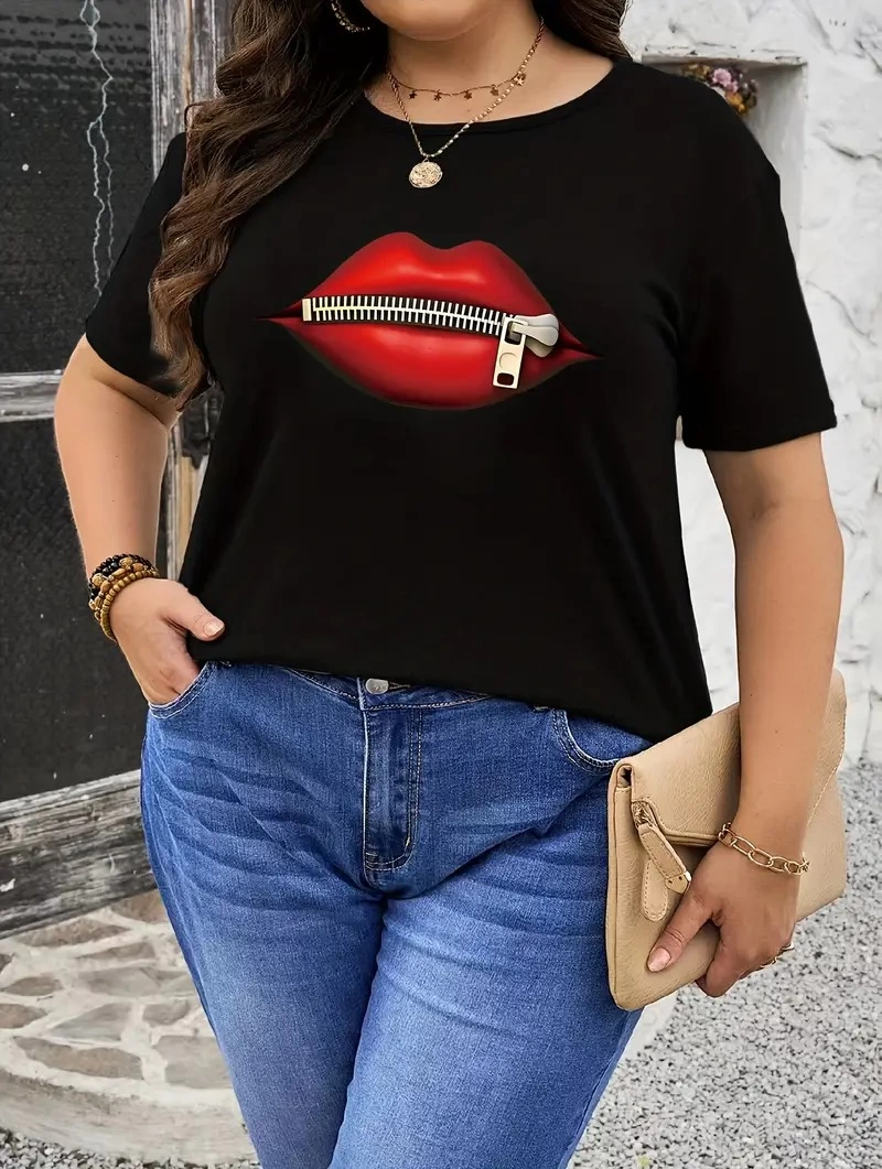 ASSEMA Kadın Dudak Baskılı T-Shirt Kısa Kol Bisiklet Yaka Ovarsize Rahat Kalıp Tişört - Siyah