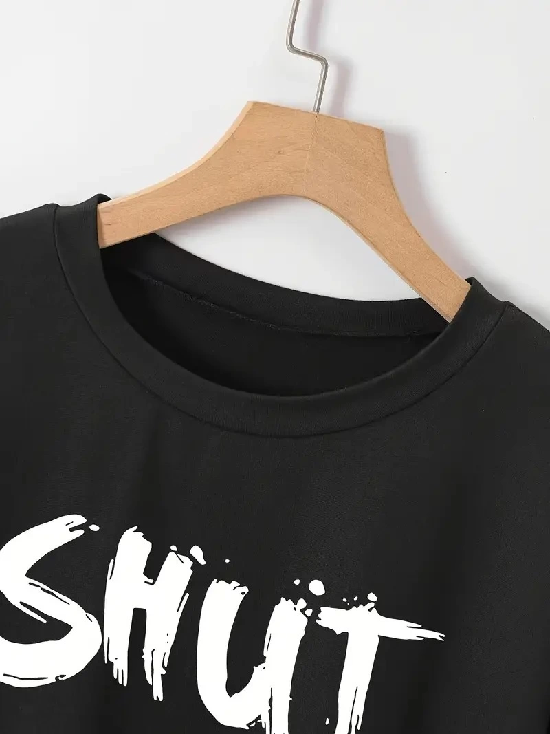 ASSEMA Kadın Baskılı Oversize Bisiklet Yaka Kısa Kol Yazlık T-shirt - Siyah