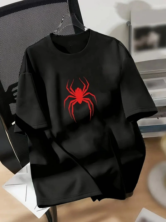 ASSEMA Kadın Penye Compack Spider Baskılı Oversize Kısa Kol Yazlık T-shirt - Siyah