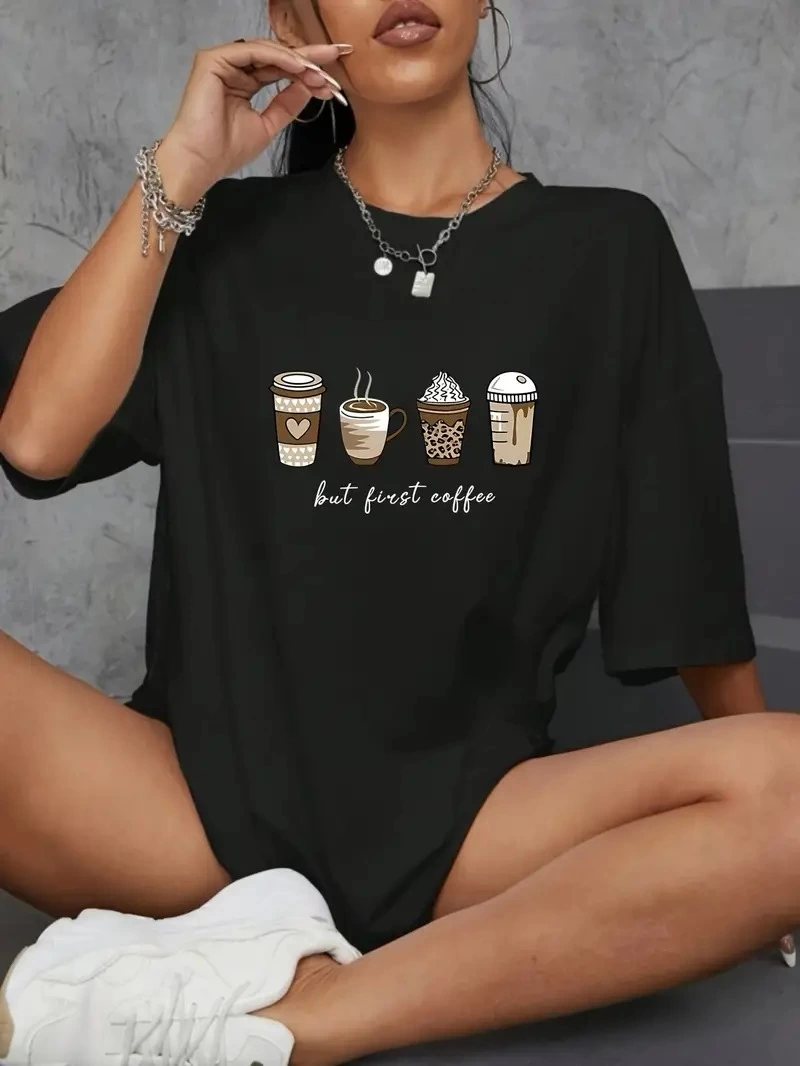 ASSEMA Kadın Kahve Desen Baskılı Kısa Kol Yazlık T-shirt - Siyah
