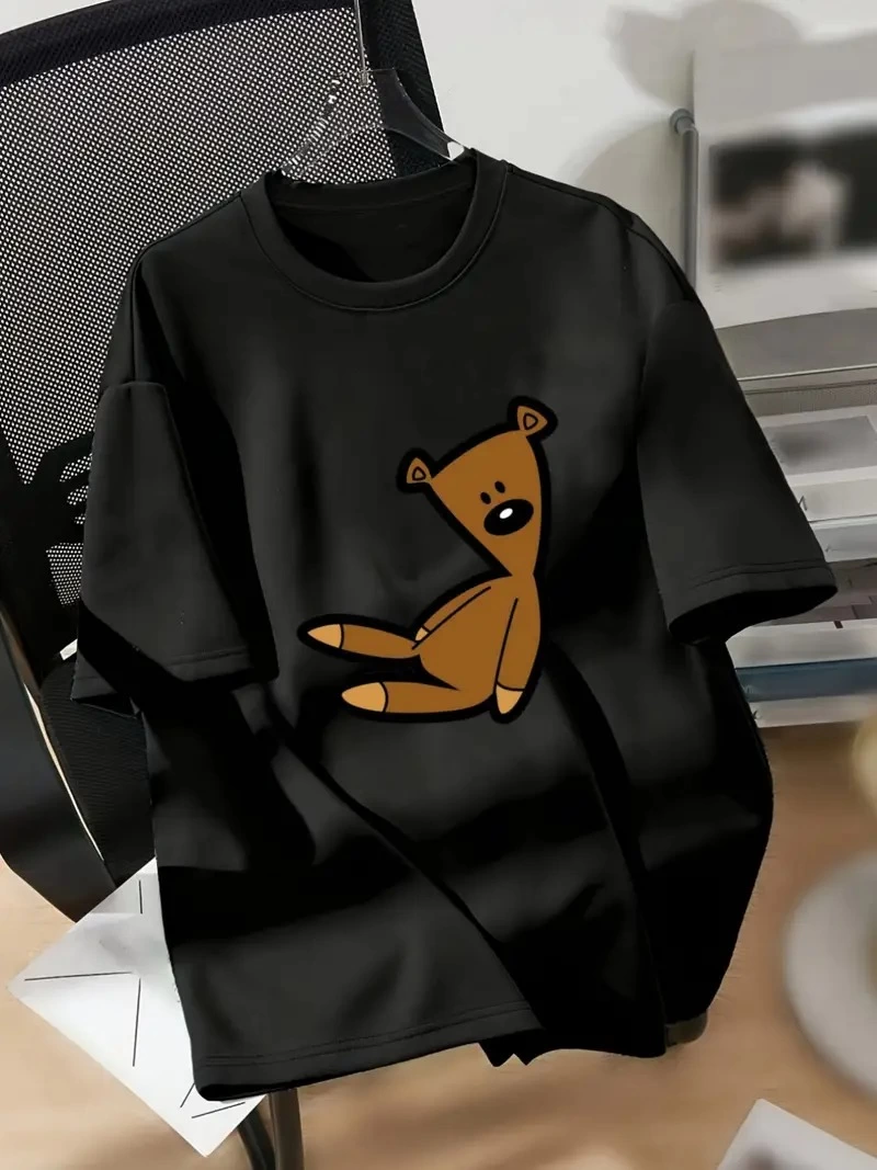 ASSEMA Kadın Penye Compack Tişort Ayı Baskılı Bisiklet Yaka Kısa Kol T-shirt - Siyah