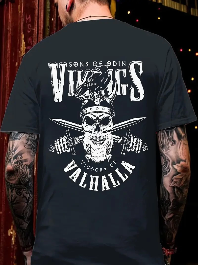 ASSEMA Erkek Bisiklet yaka ön ve arka Vikings Valhalla  T-shirt - Siyah