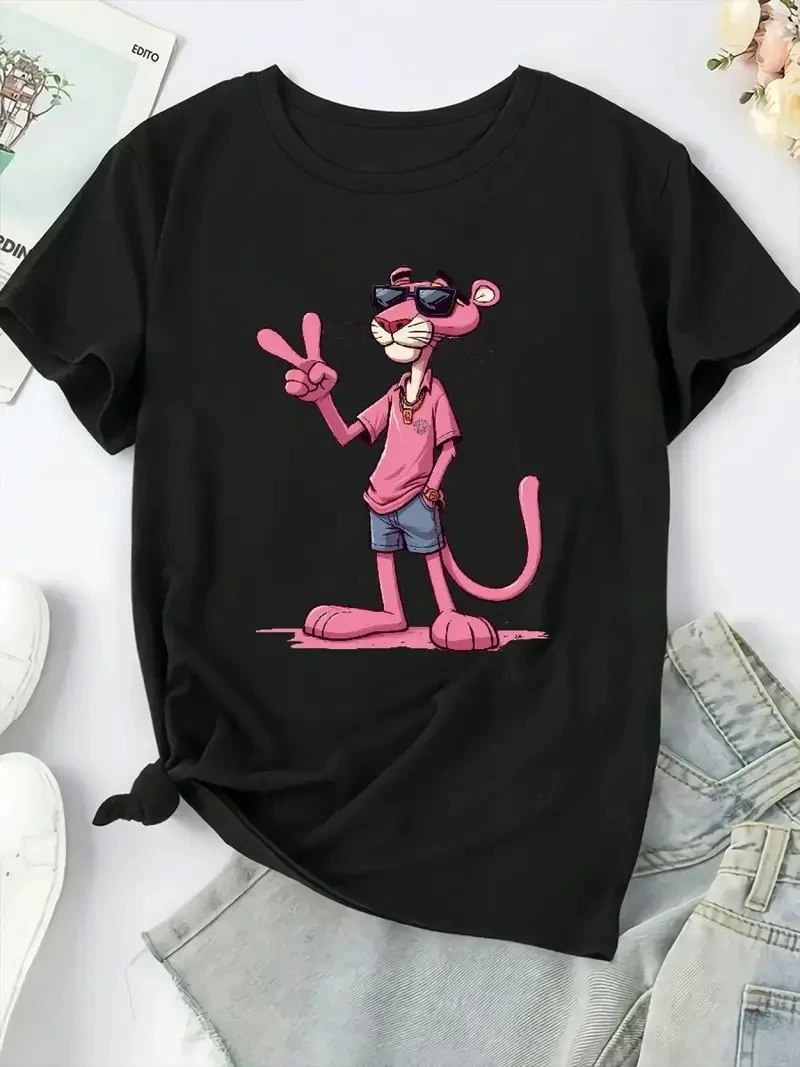 ASSEMA Kadın Pembe Panter Baskılı Bisiklet Yaka Kısa Kol T-shirt - Beyaz