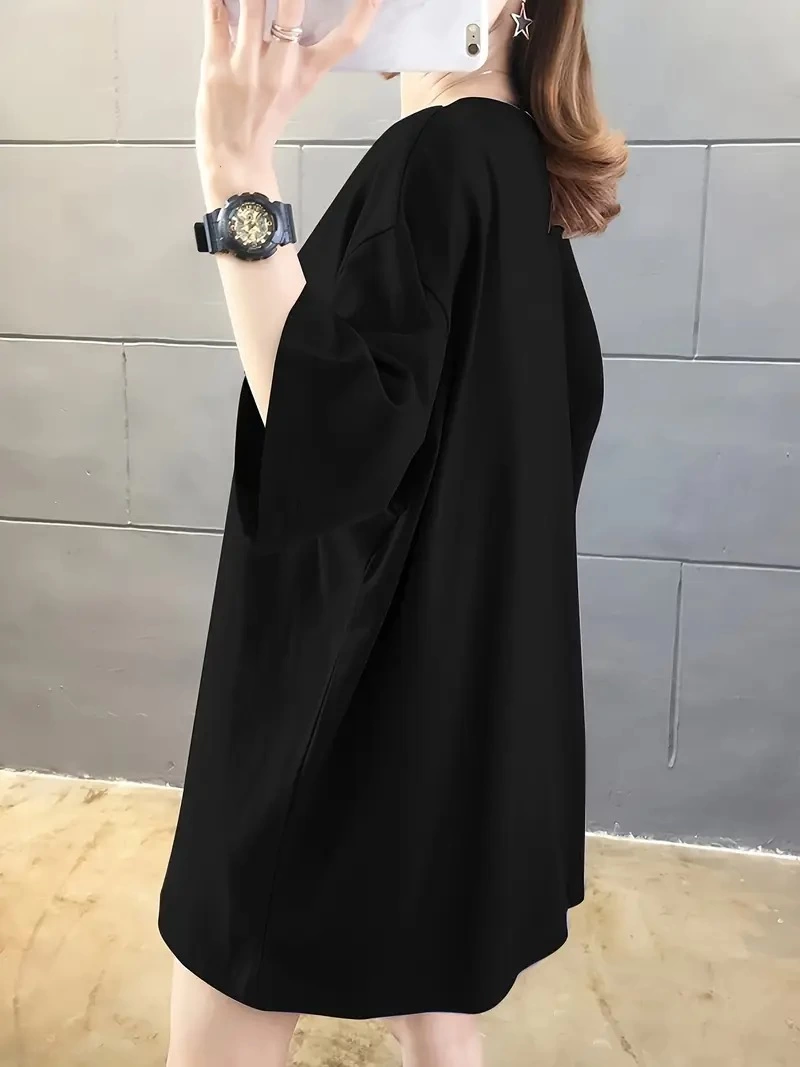 ASSEMA Kadın Penye Compack Baskılı Oversize Bisiklet Yaka T-shirt - Siyah
