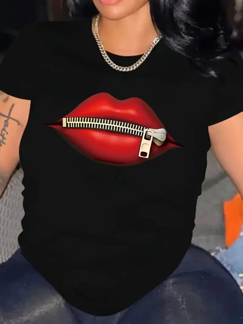 ASSEMA Kadın Dudak Baskılı T-Shirt Kısa Kol Bisiklet Yaka Ovarsize Rahat Kalıp Tişört - Siyah