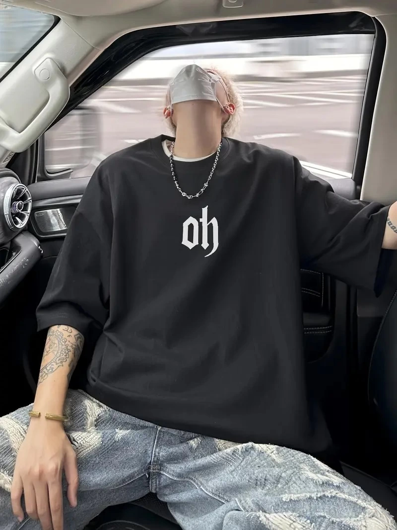ASSEMA Erkek Baskılı Tişort Kısa Kol Bisiklet Yaka Ovarsize T-Shirt - Siyah
