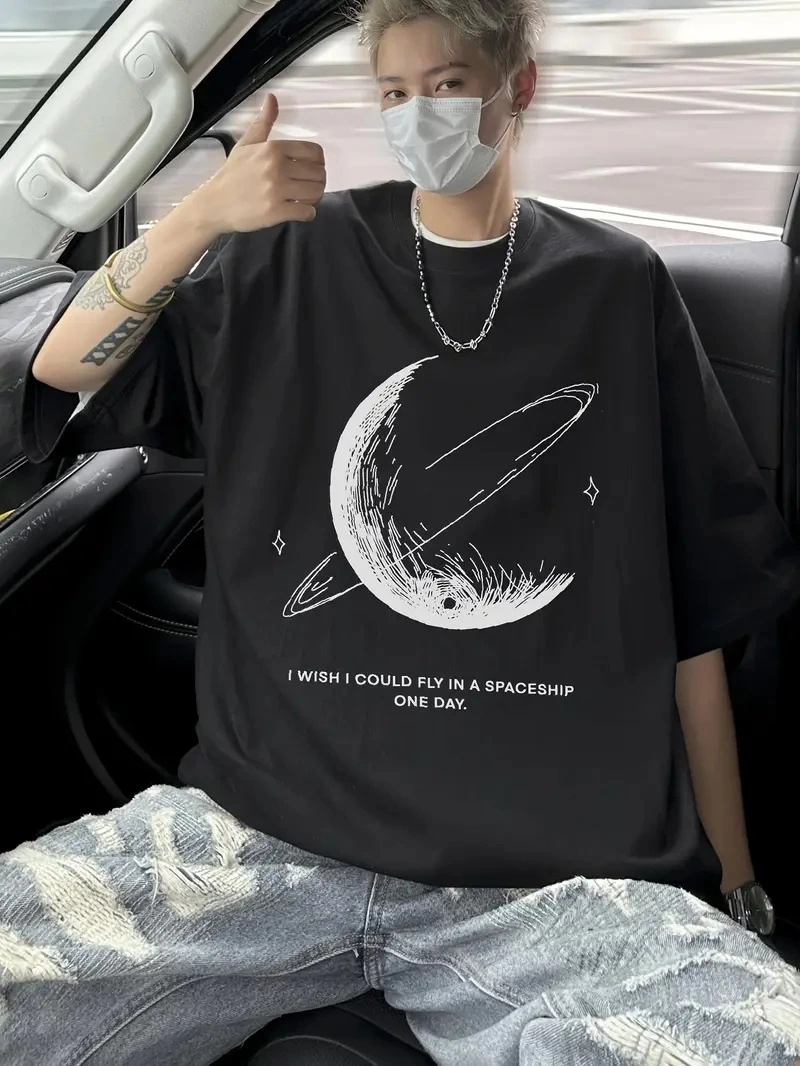 ASSEMA Erkek Baskılı Tişort Kısa Kol Bisiklet Yaka Ovarsize T-Shirt - - Siyah
