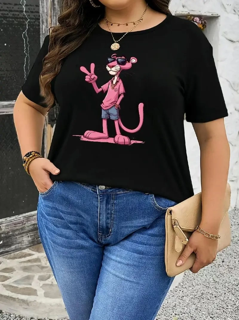 ASSEMA Kadın Pembe Panter Baskılı Bisiklet Yaka Kısa Kol T-shirt - Beyaz