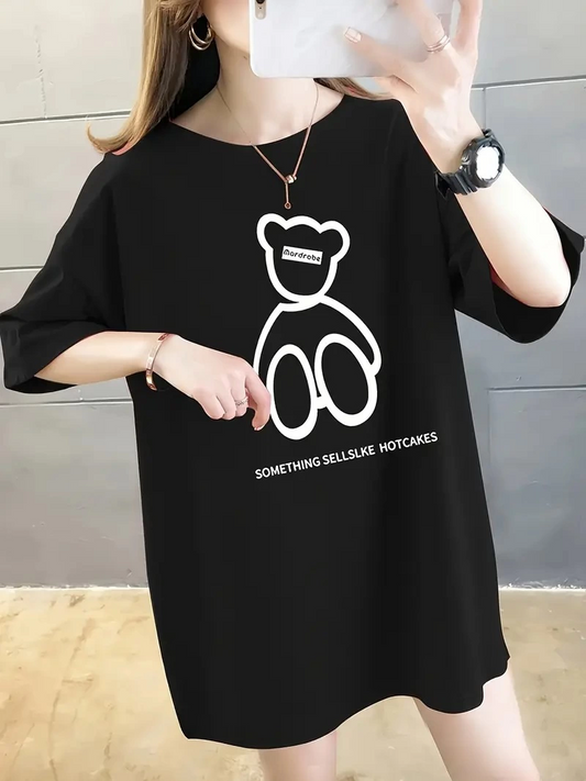 ASSEMA Kadın Penye Compack Baskılı Oversize Bisiklet Yaka T-shirt - Siyah