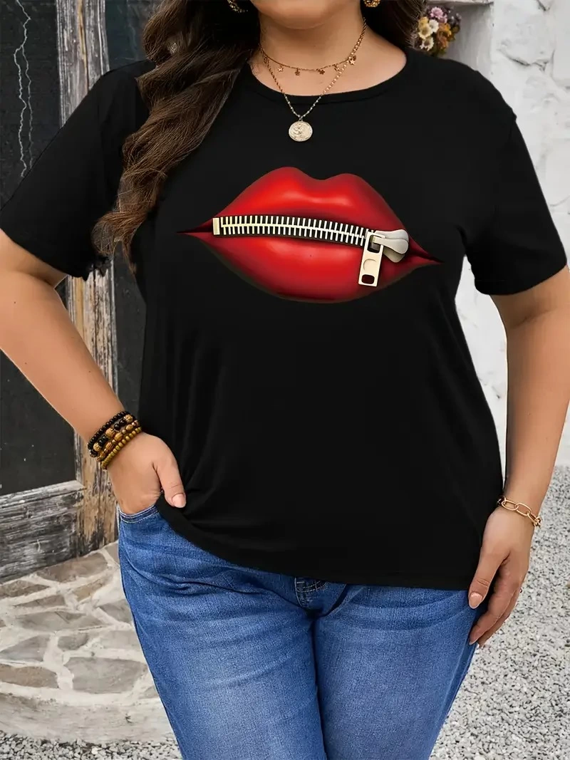 ASSEMA Kadın Dudak Baskılı T-Shirt Kısa Kol Bisiklet Yaka Ovarsize Rahat Kalıp Tişört - Siyah