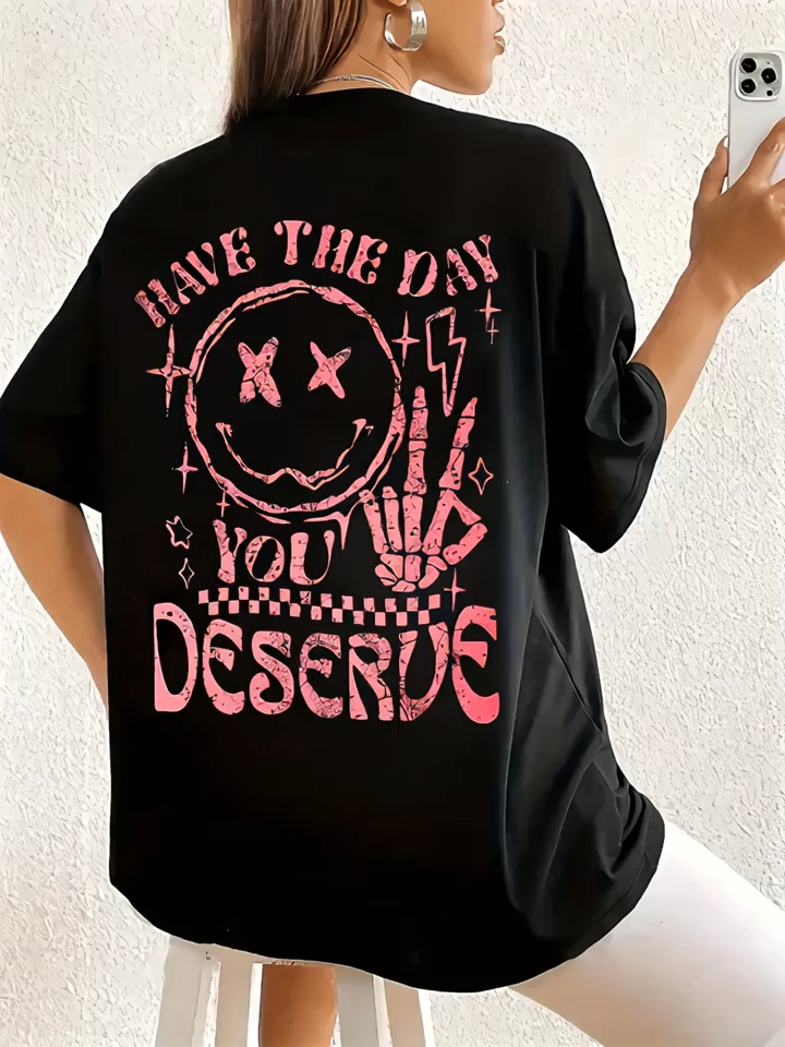 ASSEMA Kadın Baskılı T-Shirt Kısa Kol Bisiklet Yaka Ovarsize Rahat Kalıp Tişört -  Siyah