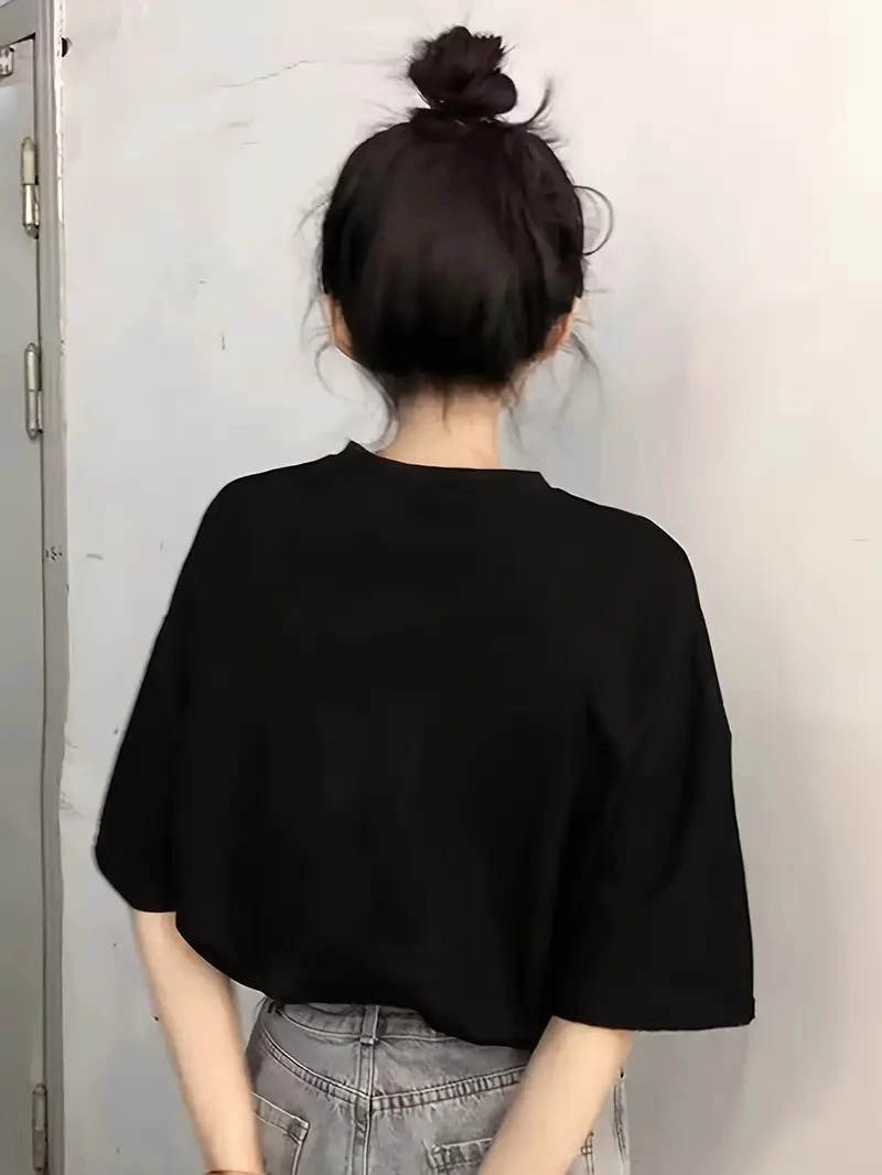 ASSEMA Kadın Penye Compack Baskılı Kısa Kol Bisiklet Yaka T-shirt - Siyah