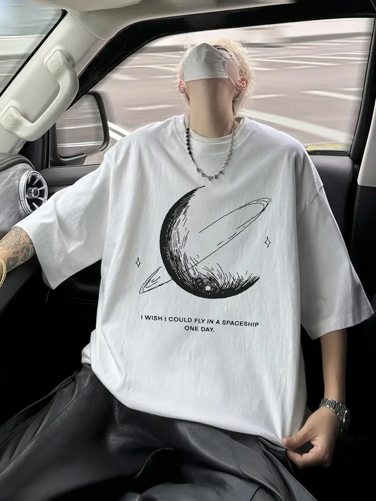 ASSEMA Erkek Baskılı Tişort Kısa Kol Bisiklet Yaka Ovarsize T-Shirt -  Beyaz