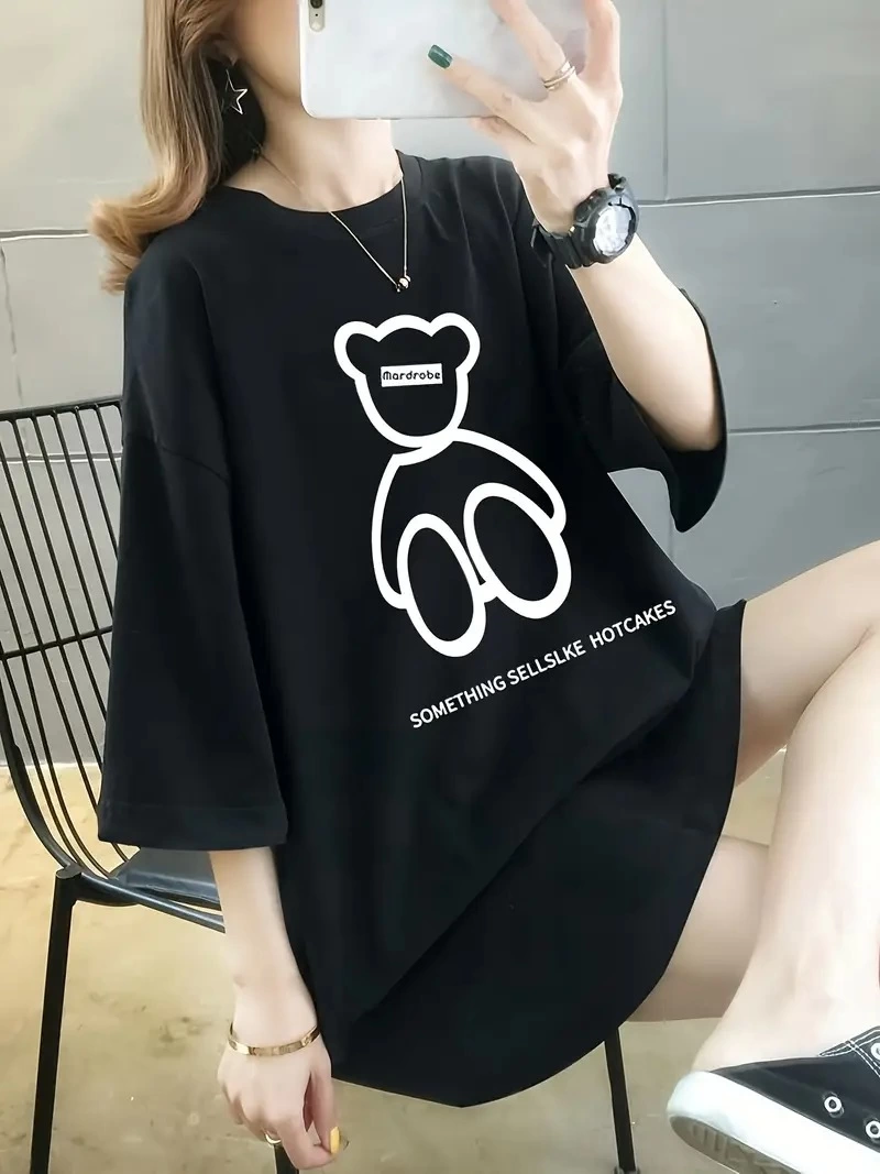 ASSEMA Kadın Penye Compack Baskılı Oversize Bisiklet Yaka T-shirt - Siyah