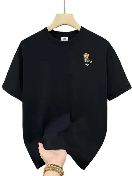 ASSEMA Erkek Penye Compack Gözlüklü Ayı Bisiklet Yaka Erkek T-shirt - Siyah