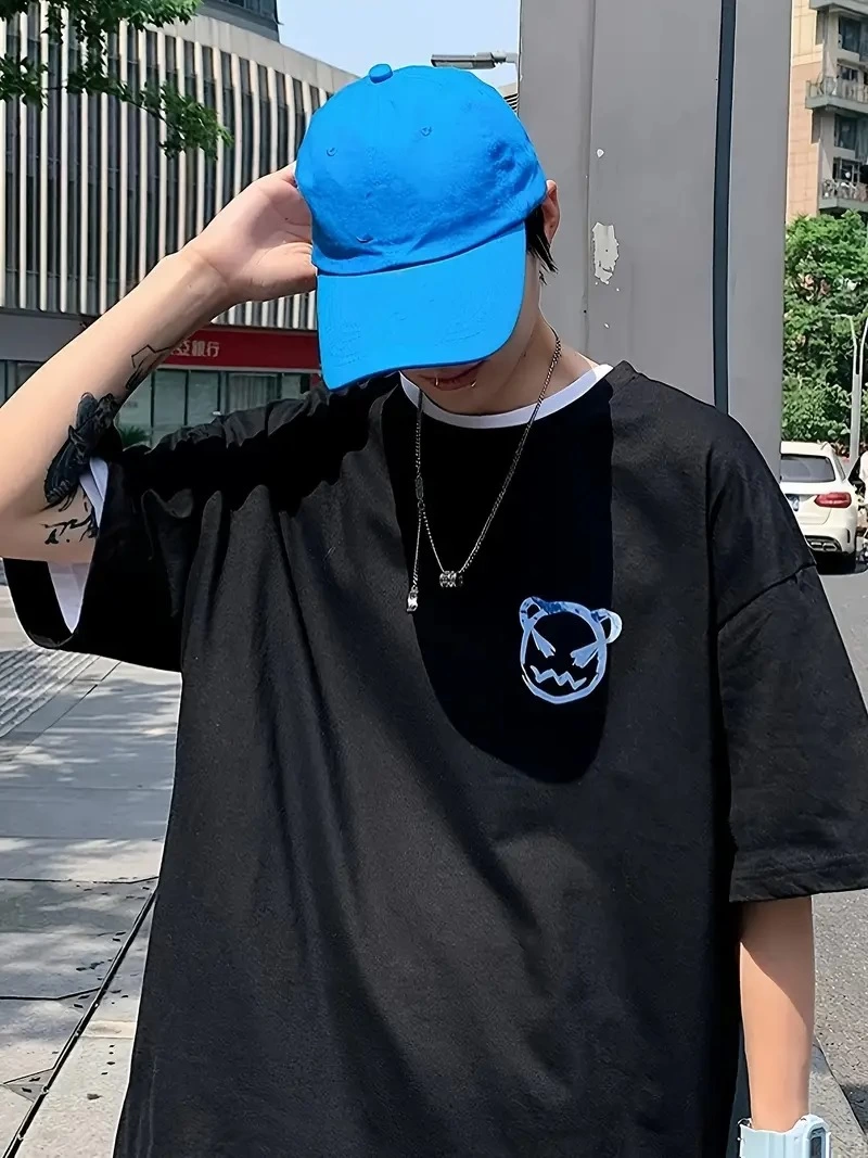 ASSEMA ERKEK Bisiklet Yaka Kore tarzı baskı Kısa Kol t-shirt - Siyah