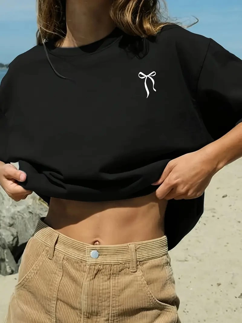 ASSEMA Kadın fiyonk baskılı oversize Kısa Kol t-shirt- Siyah