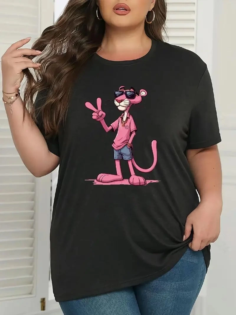 ASSEMA Kadın Pembe Panter Baskılı Bisiklet Yaka Kısa Kol T-shirt - Beyaz