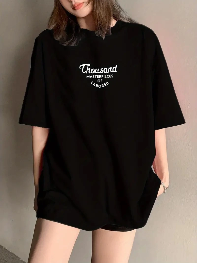 ASSEMA Kadın Thousand Baskılı Oversize Bisiklet Yaka T-shirt - Siyah