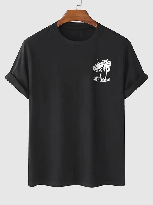 ASSEMA Erkek Palmiye Baskılı Bisiklet Yaka Kısa Kol Yazlık T-shirt - Siyah