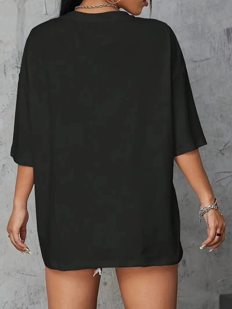 ASSEMA Kadın Kahve Desen Baskılı Kısa Kol Yazlık T-shirt - Siyah