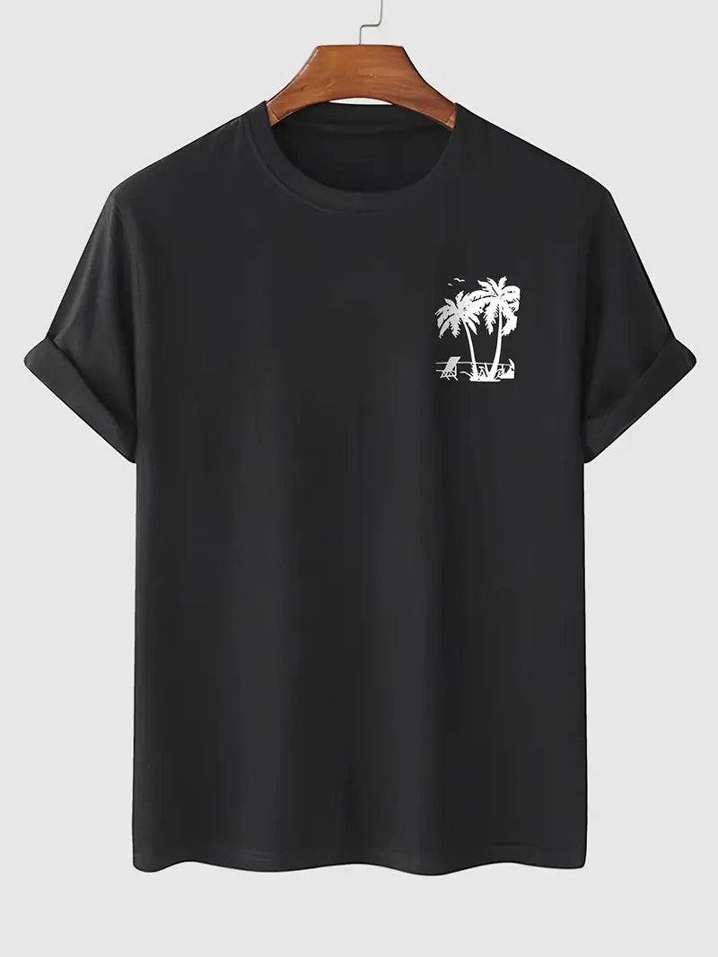ASSEMA Kadın Palmiye Baskılı T-Shirt Kısa Kol Bisiklet Yaka Ovarsize Rahat Kalıp Tişört - Siyah