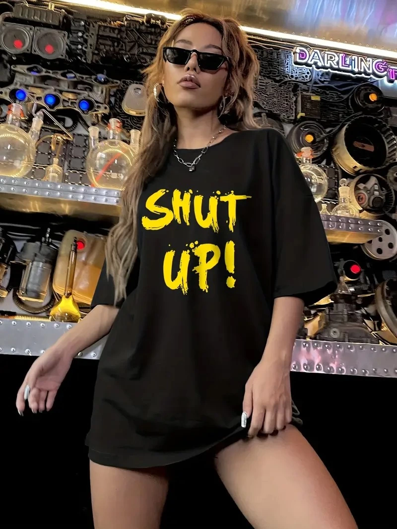 ASSEMA Kadın Shut up Baskılı Bisiklet Yaka Kısa Kol T-shirt - Siyah