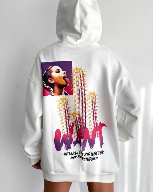 ASSEMA Kadın Baskılı Üç İplik Kapüşonlu Oversize Sweatshirt - Beyaz