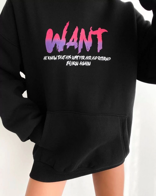 ASSEMA Kadın Baskılı Üç İplik Kapüşonlu Oversize Sweatshirt - Siyah