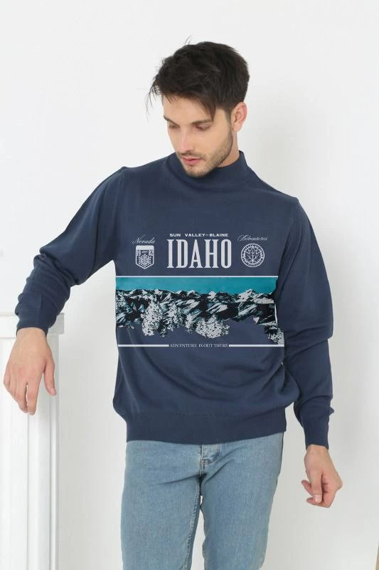 ASSEMA Baskılı Yarım Boğazlı Uzun Kol Dokuma Triko - Indigo