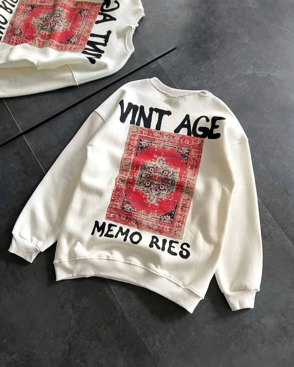 ASSEMA Kadın Bisiklet Yaka Üç İplik Baskılı Oversize SweatShirt - Beyaz
