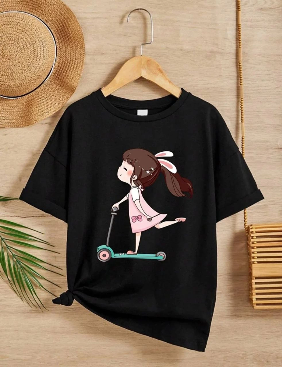 ASSEMA Kız Çocuk Bisiklet Yaka Baskılı T-Shirt - Siyah