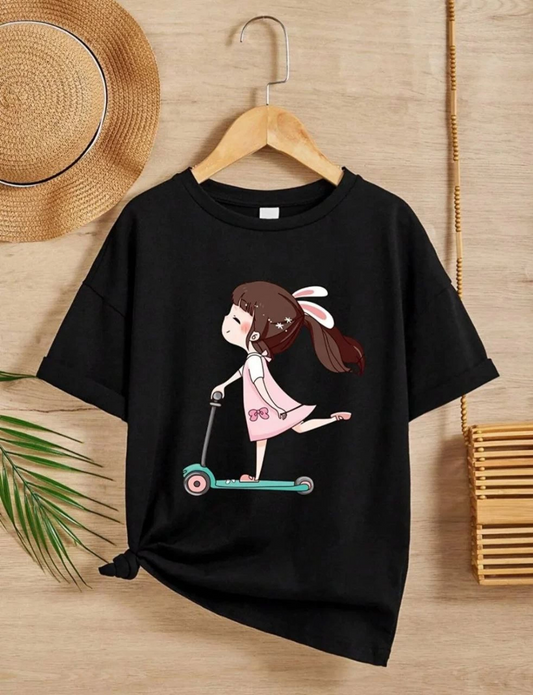 ASSEMA Kız Çocuk Bisiklet Yaka Baskılı T-Shirt - Siyah