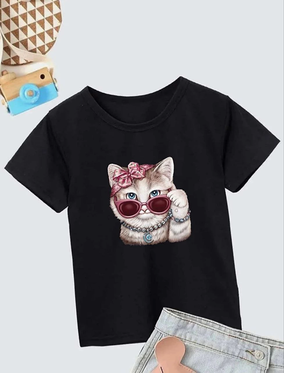 ASSEMA Kız Çocuk Bisiklet Yaka Baskılı T-Shirt - Siyah
