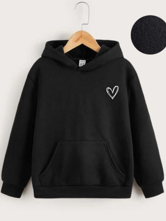 ASSEMA Çocuk Unisex Kapüşonlu Çizgi Kalp Baskılı Sweatshirt - Siyah