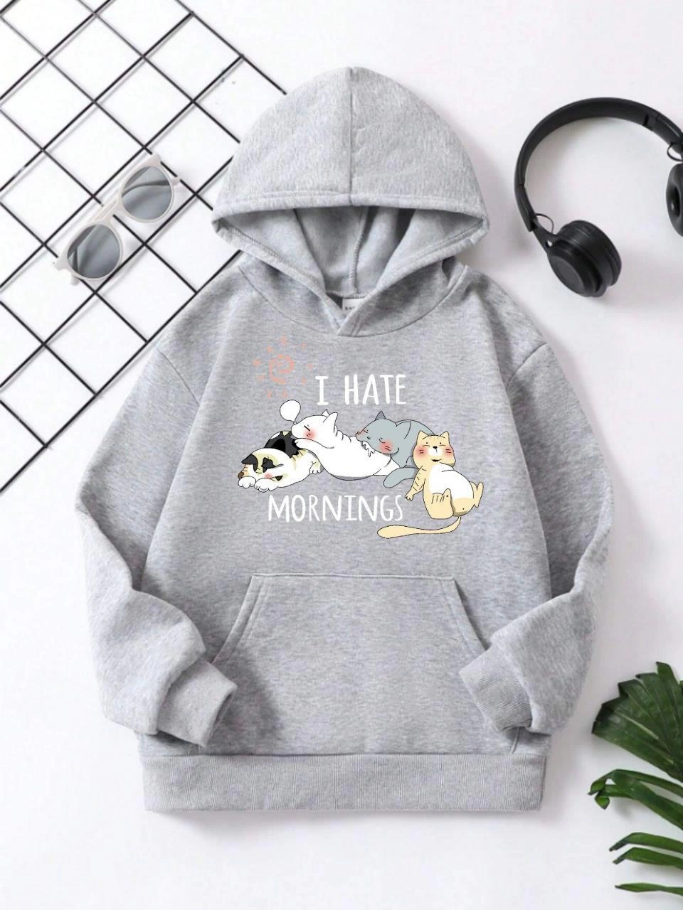 ASSEMA Çocuk Unisex Kapüşonlu Kedicik Baskılı Pamuklu Sweatshirt - Gri