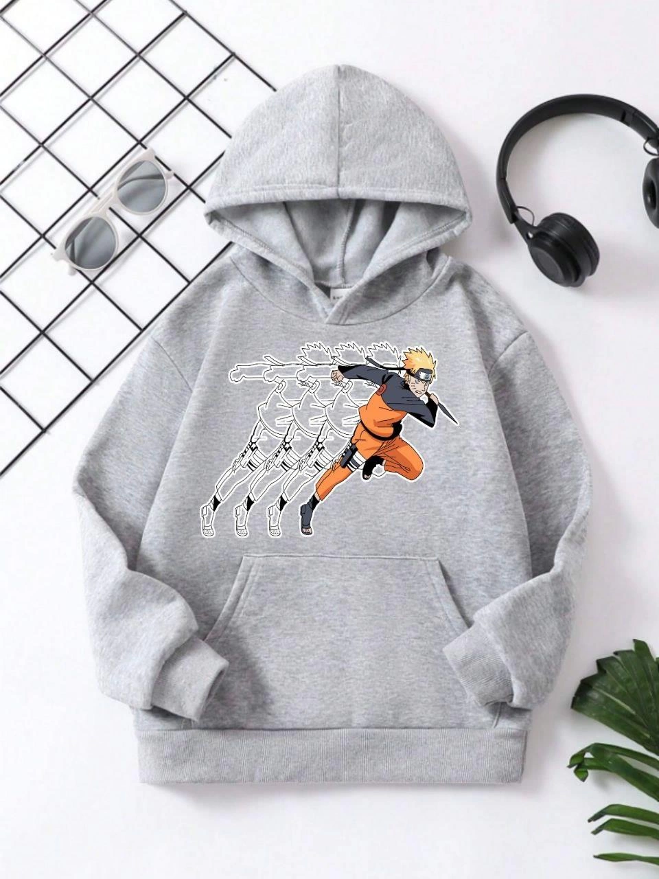 ASSEMA Çocuk Unisex Kapüşonlu Naruto Baskılı Pamuklu Sweatshirt - Gri