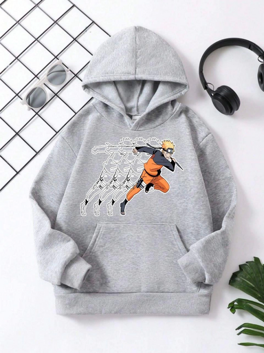 ASSEMA Çocuk Unisex Kapüşonlu Naruto Baskılı Pamuklu Sweatshirt - Gri