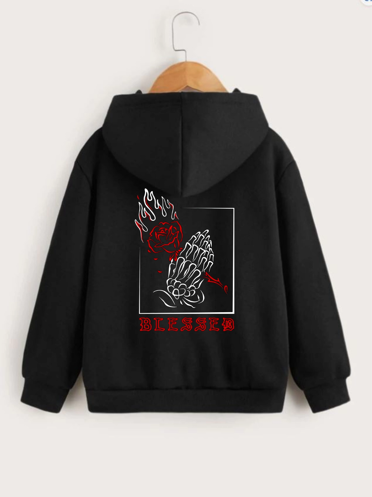 ASSEMA Çocuk Unisex Kapüşonlu Ön ve Arka Blessed Baskılı Sweatshirt - Siyah