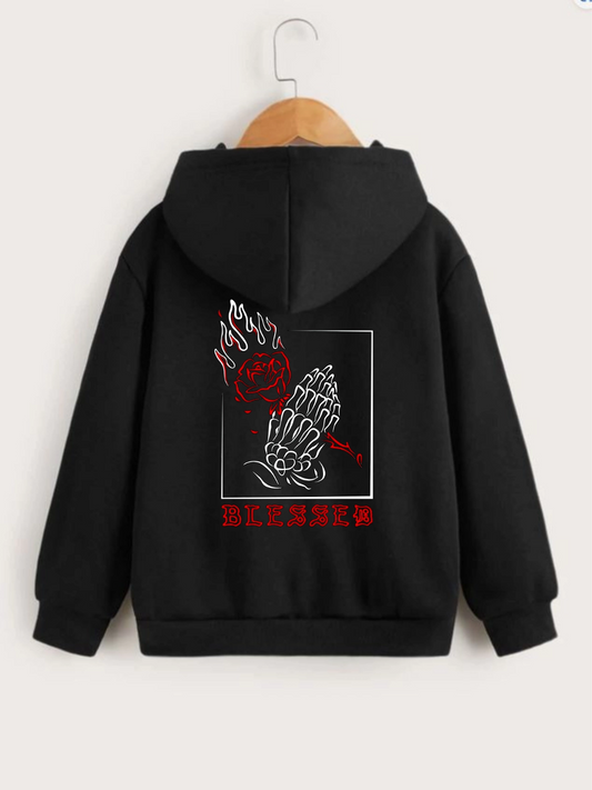 ASSEMA Çocuk Unisex Kapüşonlu Ön ve Arka Blessed Baskılı Sweatshirt - Siyah