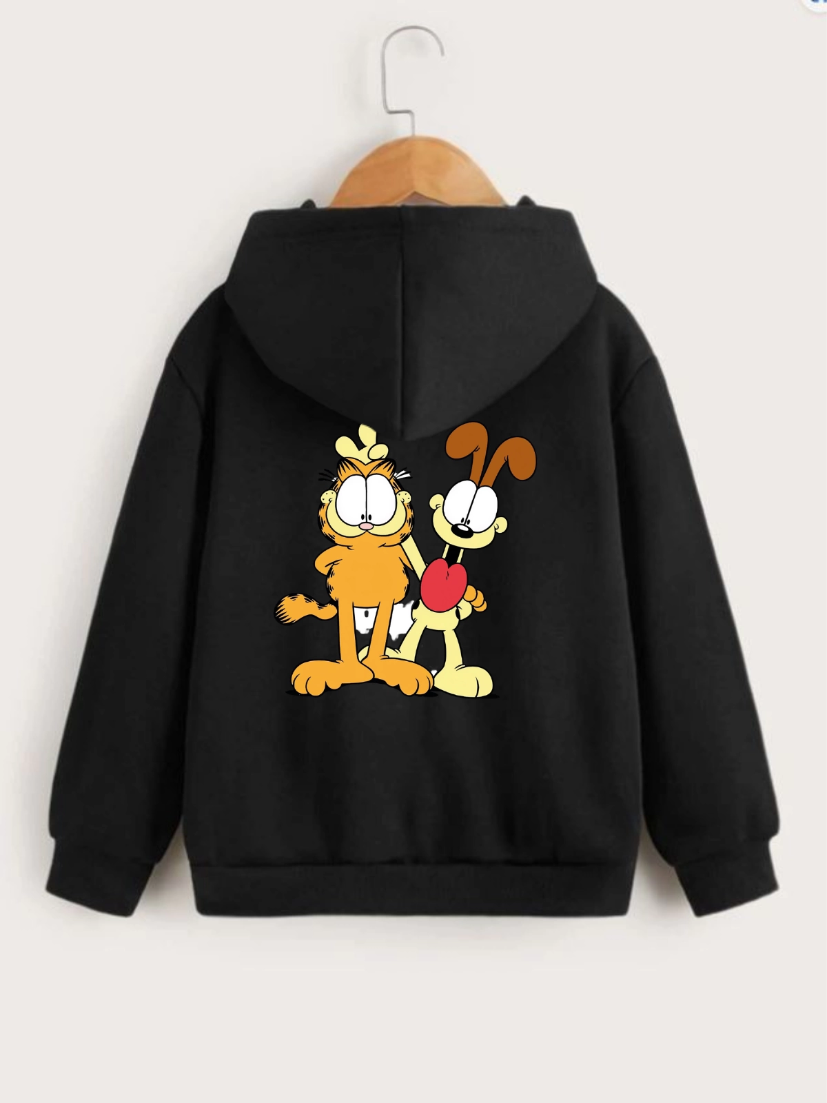 ASSEMA Çocuk Unisex Kapüşonlu Ön ve Arka Garfield Baskılı Sweatshirt - Siyah