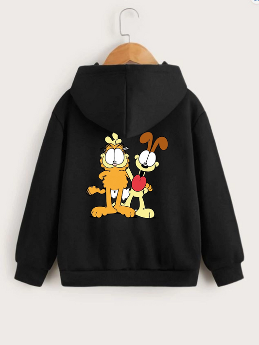 ASSEMA Çocuk Unisex Kapüşonlu Ön ve Arka Garfield Baskılı Sweatshirt - Siyah