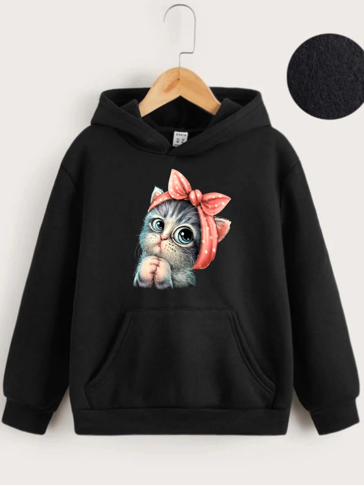 ASSEMA Çocuk Unisex Kapüşonlu Tatlı Kedi Baskılı Sweatshirt - Siyah