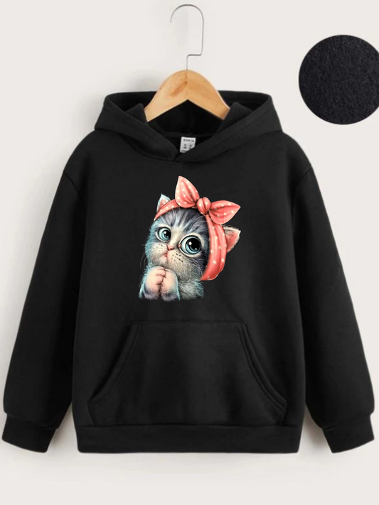 ASSEMA Çocuk Unisex Kapüşonlu Tatlı Kedi Baskılı Sweatshirt - Siyah