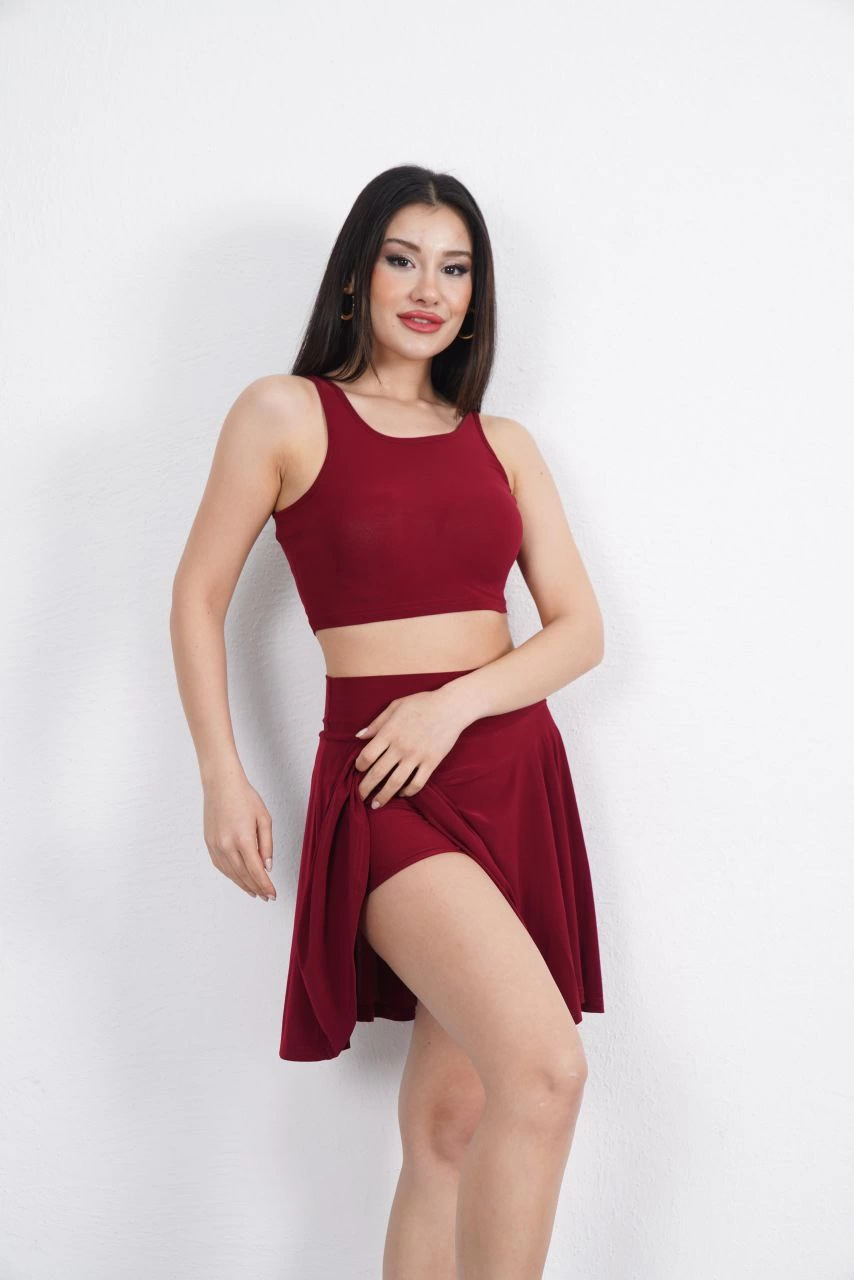 ASSEMA Sendy Kumaş Bisiklet Yaka Crop Şortlu Etek ikili Takım - Bordo
