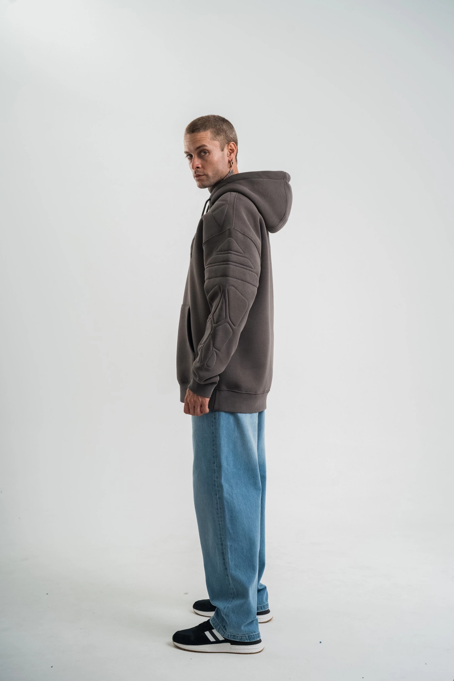ASSEMA Erkek Nakış İşlemeli Kapşonlu Antrasit Sweatshirt Üç İplik Double Oversize- Füme