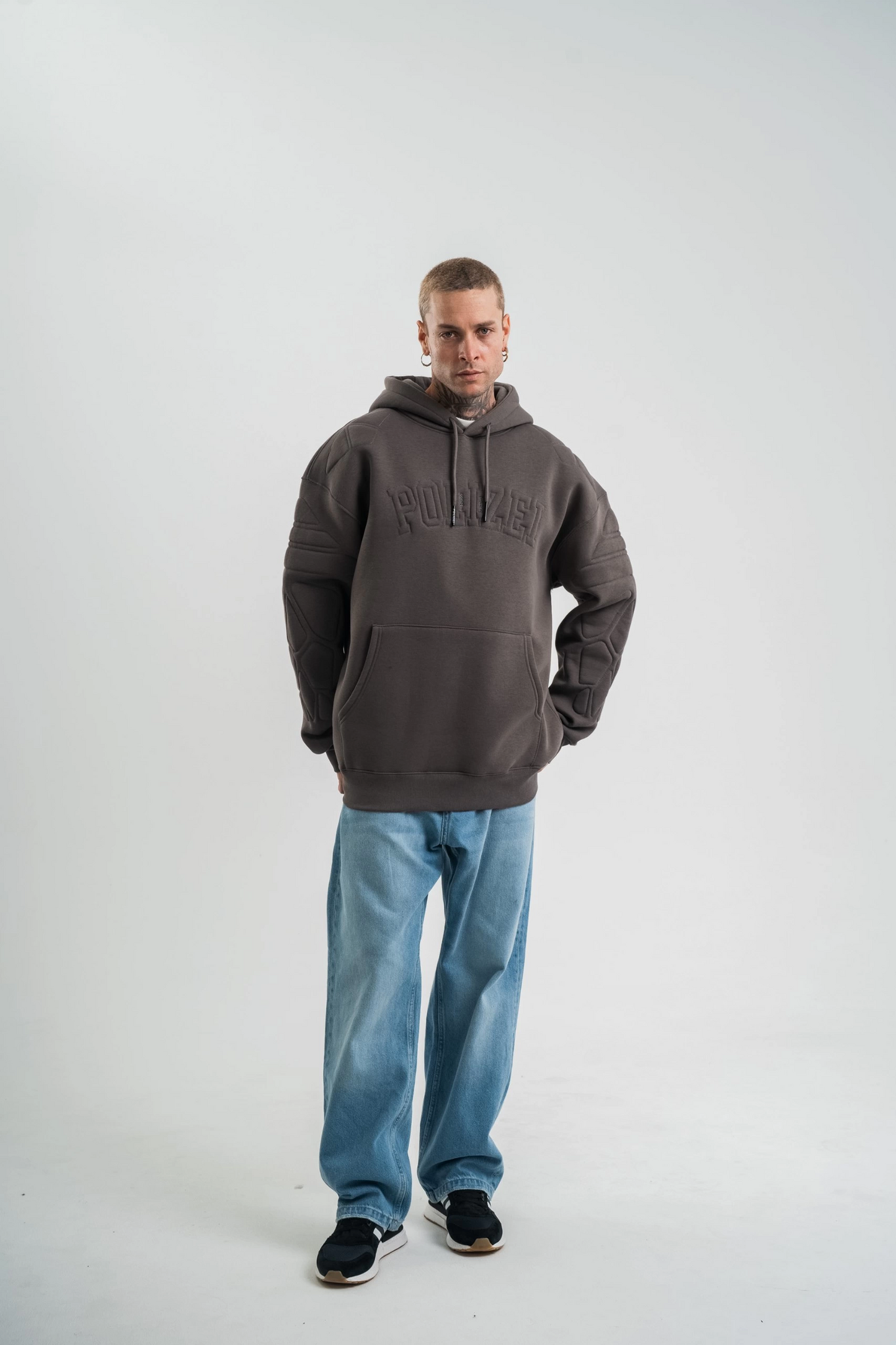 ASSEMA Erkek Nakış İşlemeli Kapşonlu Antrasit Sweatshirt Üç İplik Double Oversize- Füme