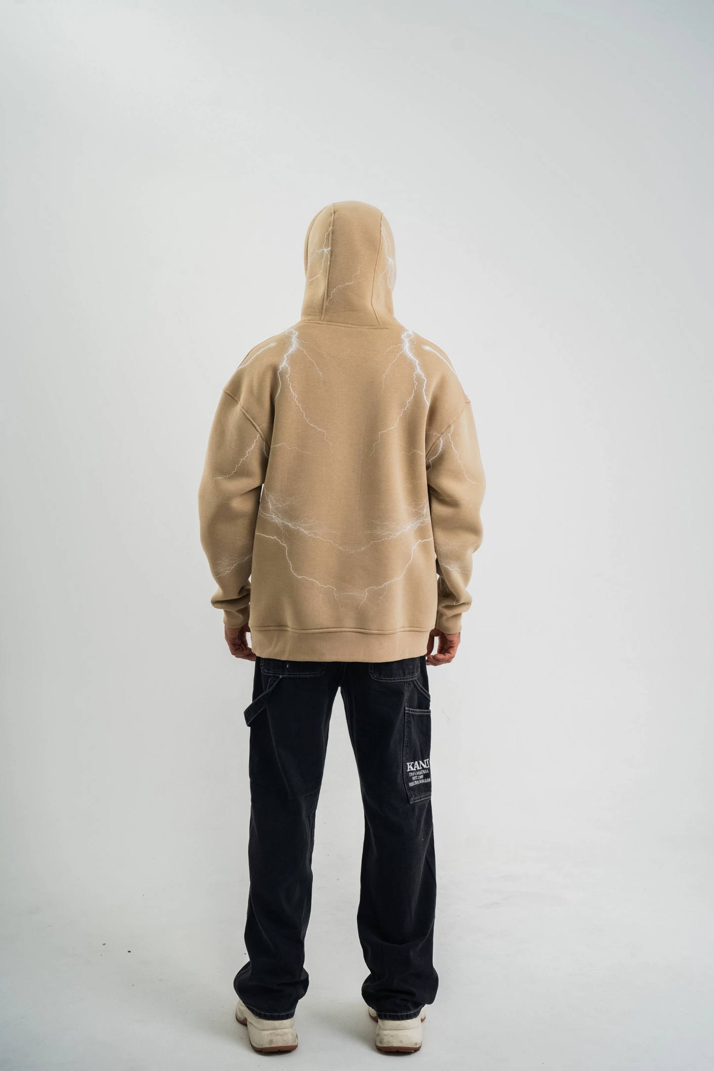 ASSEMA Erkek Şimşek Baskılı Kapşonlu Sweatshirt Üç İplik Pamuklu Kanguru Cepli Double - Bej