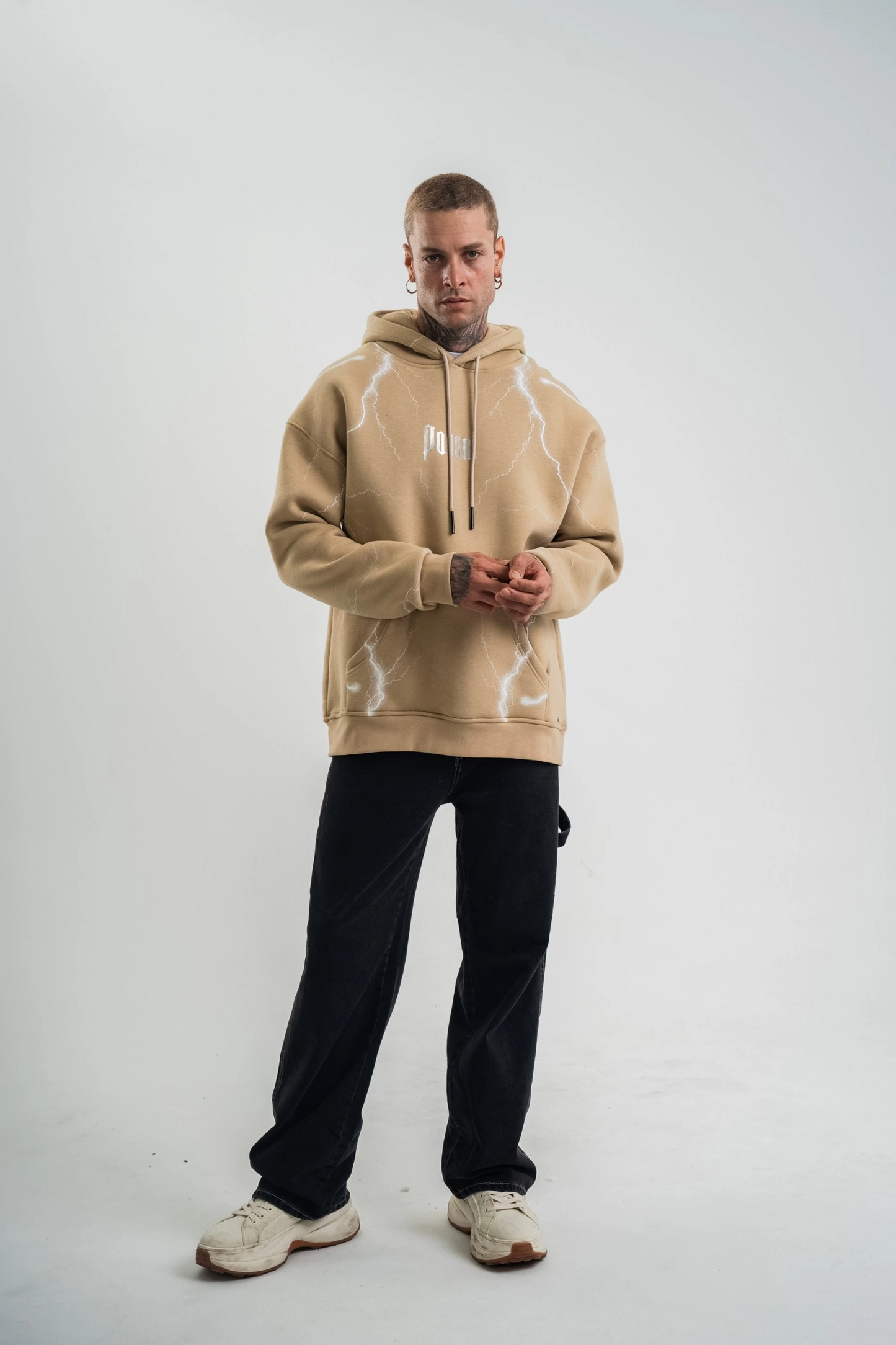 ASSEMA Erkek Şimşek Baskılı Kapşonlu Sweatshirt Üç İplik Pamuklu Kanguru Cepli Double - Bej